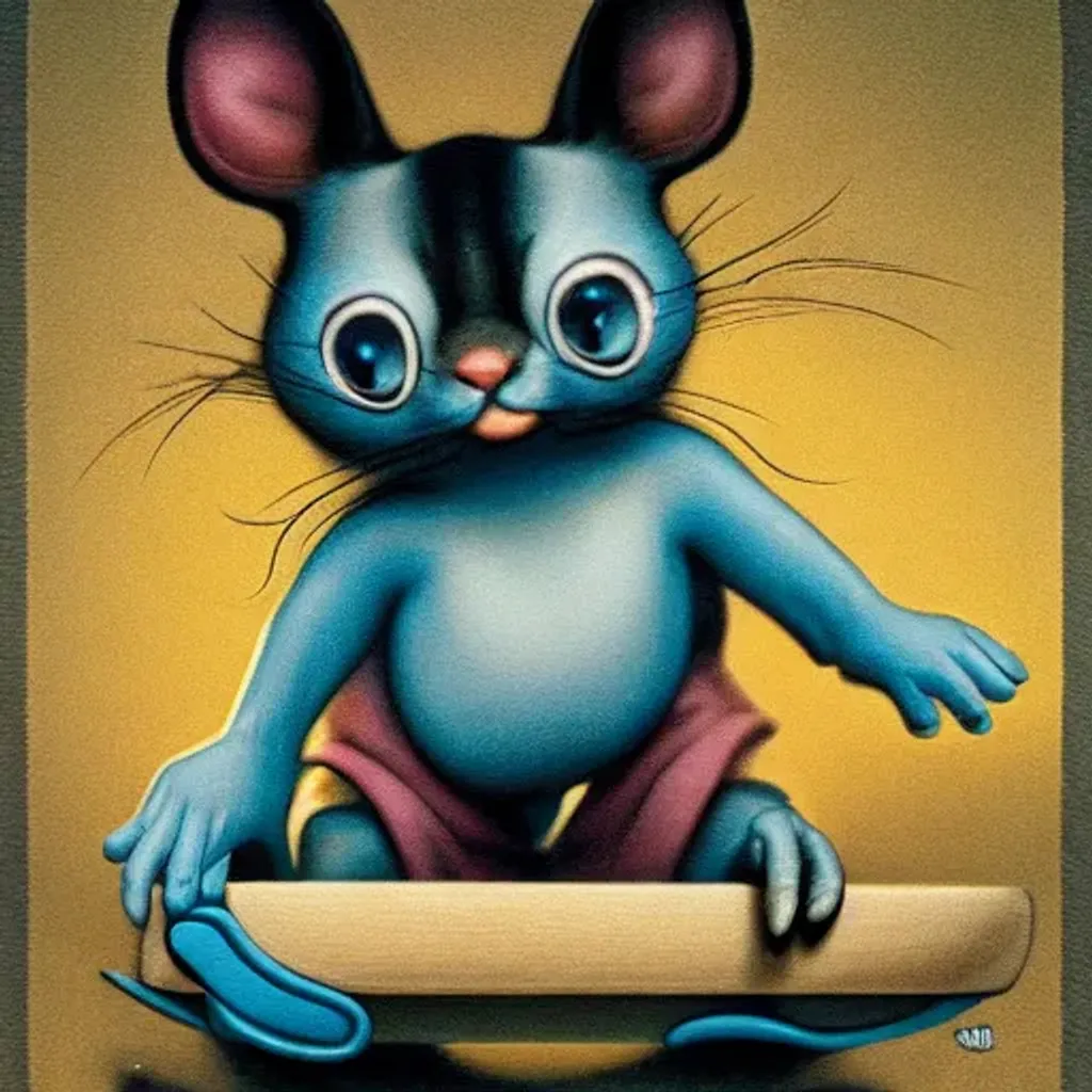 Prompt: a tiny cool gangster mouse is chasing a cat, peaking under a skateboard, soft smooth lighting, ultra sharp focus, soft pastels, dark background  [ collaboration with wlop,artgerm, Lisa frank, Karol Bak, Laurie Lipton, mark ryden, mc escher, Greg Rutkowski, Giger, Yamamoto], 3d octane render artstation trending 8k unreal engine blender, polycount, modular constructivism, pop surrealism, physically based rendering, Disney Pixar Dreamworks 