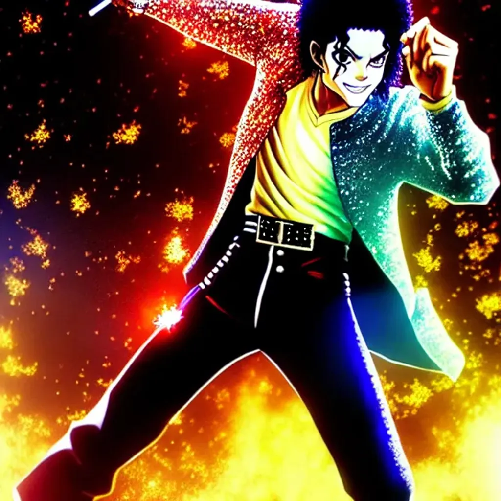 Prompt: This is it Michael Jackson epic Shonen character beating the thriller out of it, masterpiece musical artwork by hitapato whouak, front lit, highly detailed art, rythm scene, sharp focus, smooth, 8k, pixiv, edgy, made of molten knitted sparkles, anime art