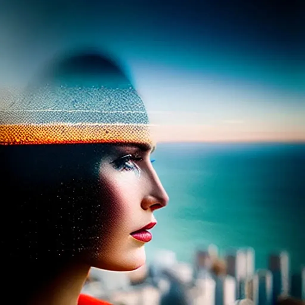 Prompt: double exposure woman's face as buildings by Alessio albi, vivid color, 