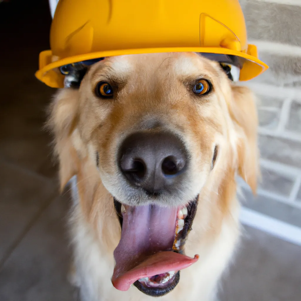 Prompt: An up-close photo of a golden retriever with a grin on its face and its tongue out looking straight at the camera wearing an over sized construction hat