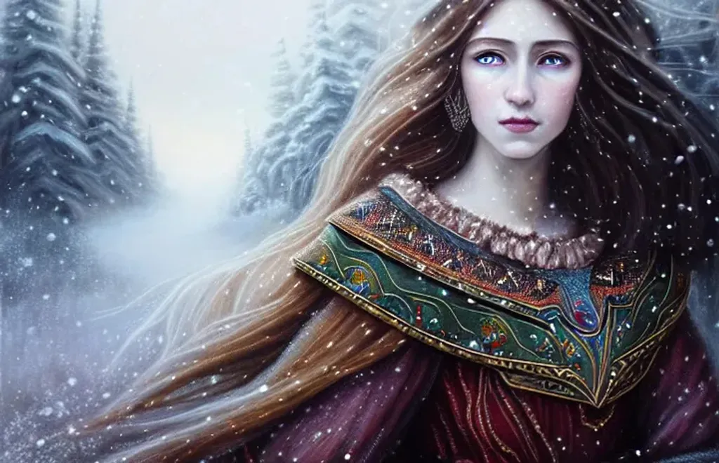 Prompt: Epic fantasy painting, high detailed portrait, beautiful woman with brown hair, perfect nose, pale pristine complexion, bohemian, gypsy, cold, snow, winter, Artgerm, background theme intricate geometrics, triadic colors , symmetry, painted, beautiful, rich deep colors, dynamic lighting ,volumetric lighting , occlusion, low volumetric glowing fog, sharp focus, studio photo, 128K 7HD Unreal Engine 5, fractal,  pi, fBm