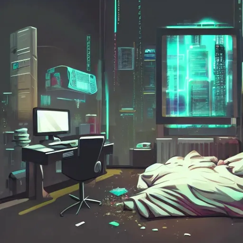 Prompt: cyberpunk room, messy bed, computer in corner, city outside