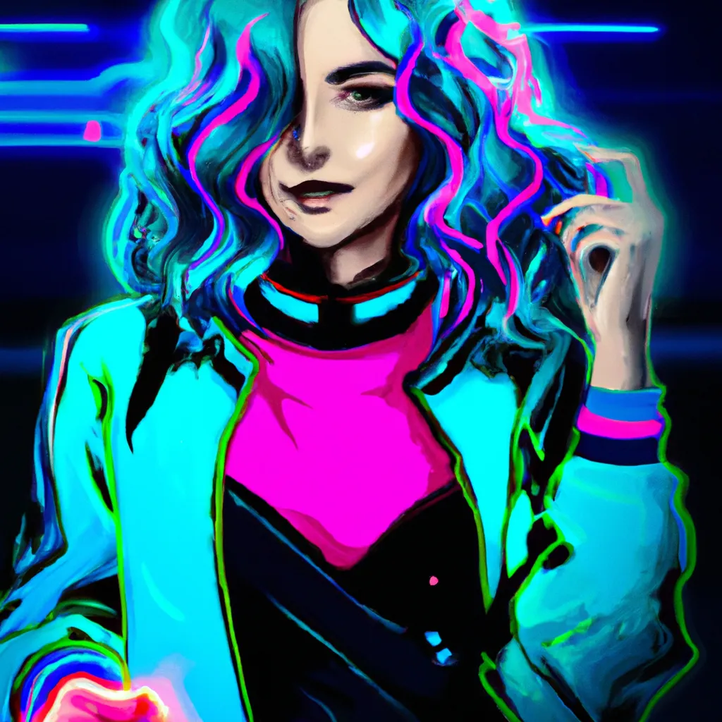 Prompt: detailed digital concept art, film grain, beautiful woman, aqua wavy hair, wearing 80's blazer, detailed, 8k, perfectly shaded, triadic colors, synthwave background, neon, dynamic