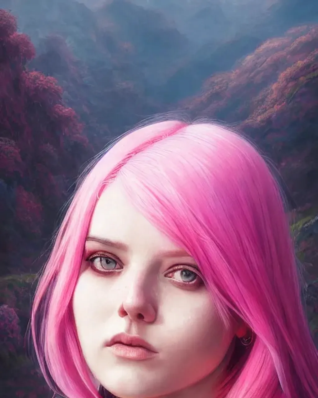 Prompt: Portrait of emo woman with pink hair and with cute face, scenic background, perfect composition, hyperrealistic, photorealism, super detailed, 8k, high quality, trending art, trending on artstation, sharp focus, studio lighting, intricate details, hyperdetailed by greg rutkowski, dino tomic