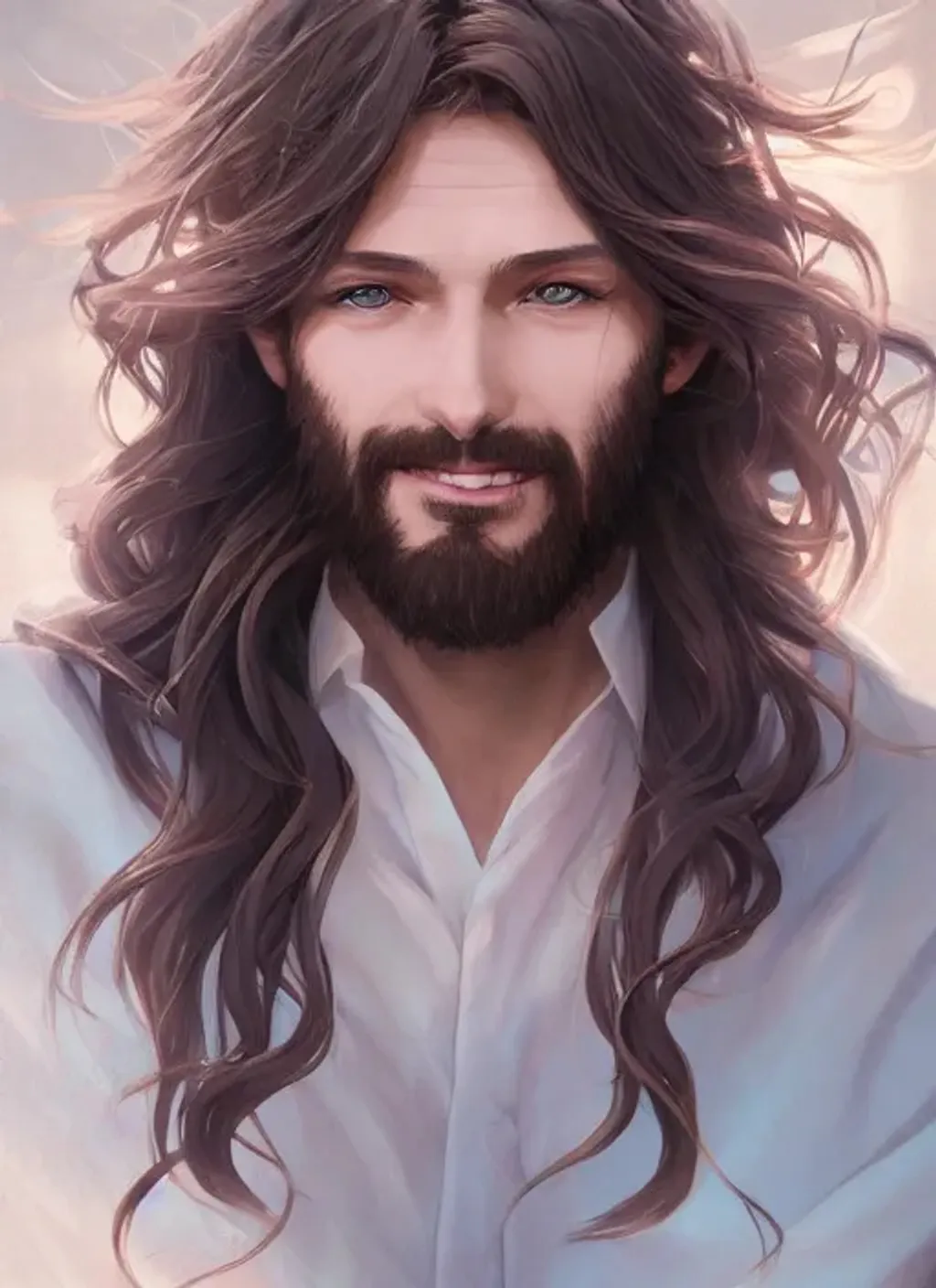 Prompt: Closeup face portrait of smiling Jesus Christ with long brown hair, smooth soft skin, big dreamy eyes, beautiful intricate colored hair, symmetrical, anime wide eyes, soft lighting, detailed face, by makoto shinkai, stanley artgerm lau, wlop, rossdraws, concept art, digital painting, looking into camera