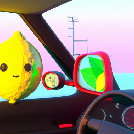 Prompt: cartoon Lemon on driver seat, drive by, window, reflection, JDM, Vapourwave, digital render, traffic, outside
