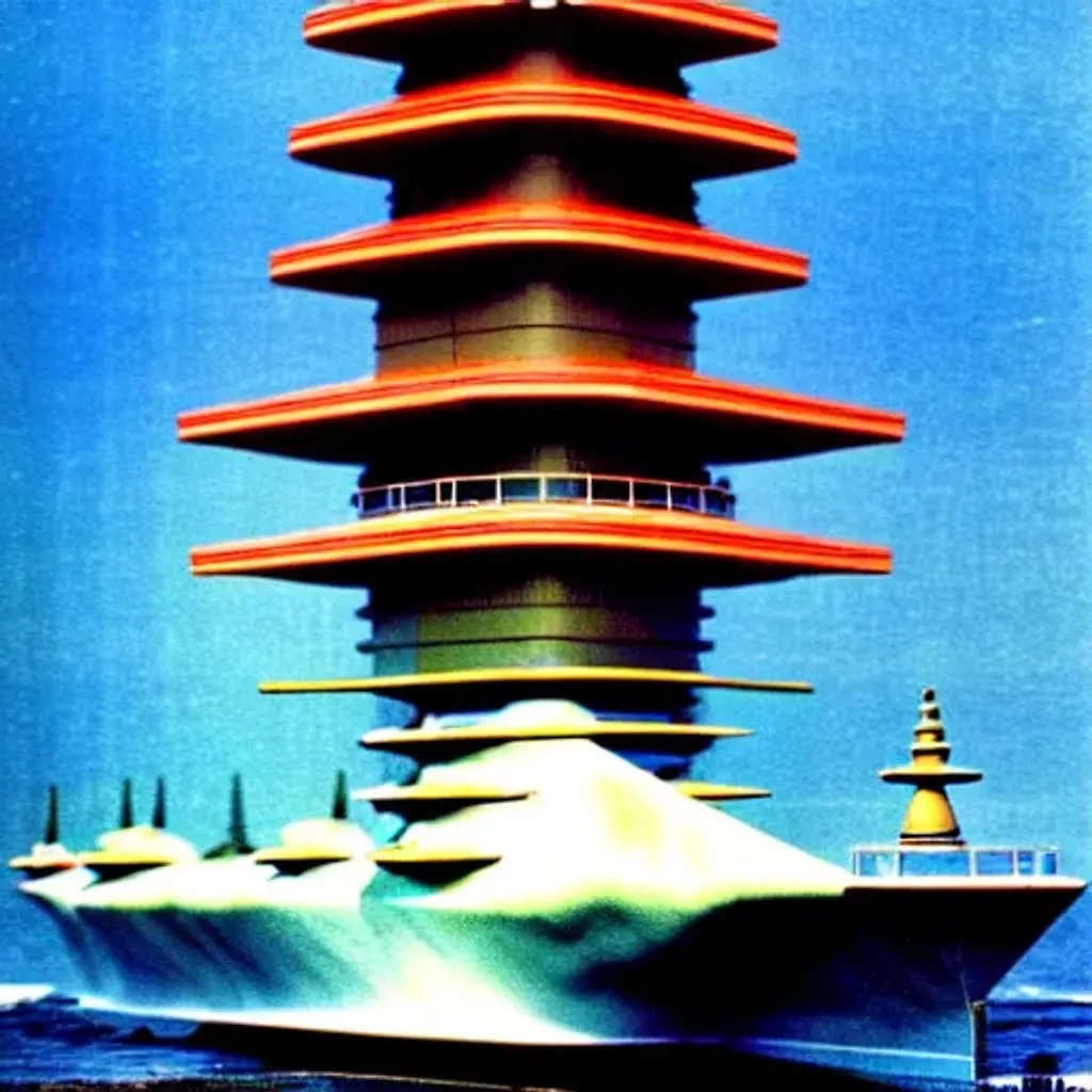 Prompt: An advanced battleship that looks like a pagoda, vivid colors, photograph, Kodachrome, telephoto, futuristic