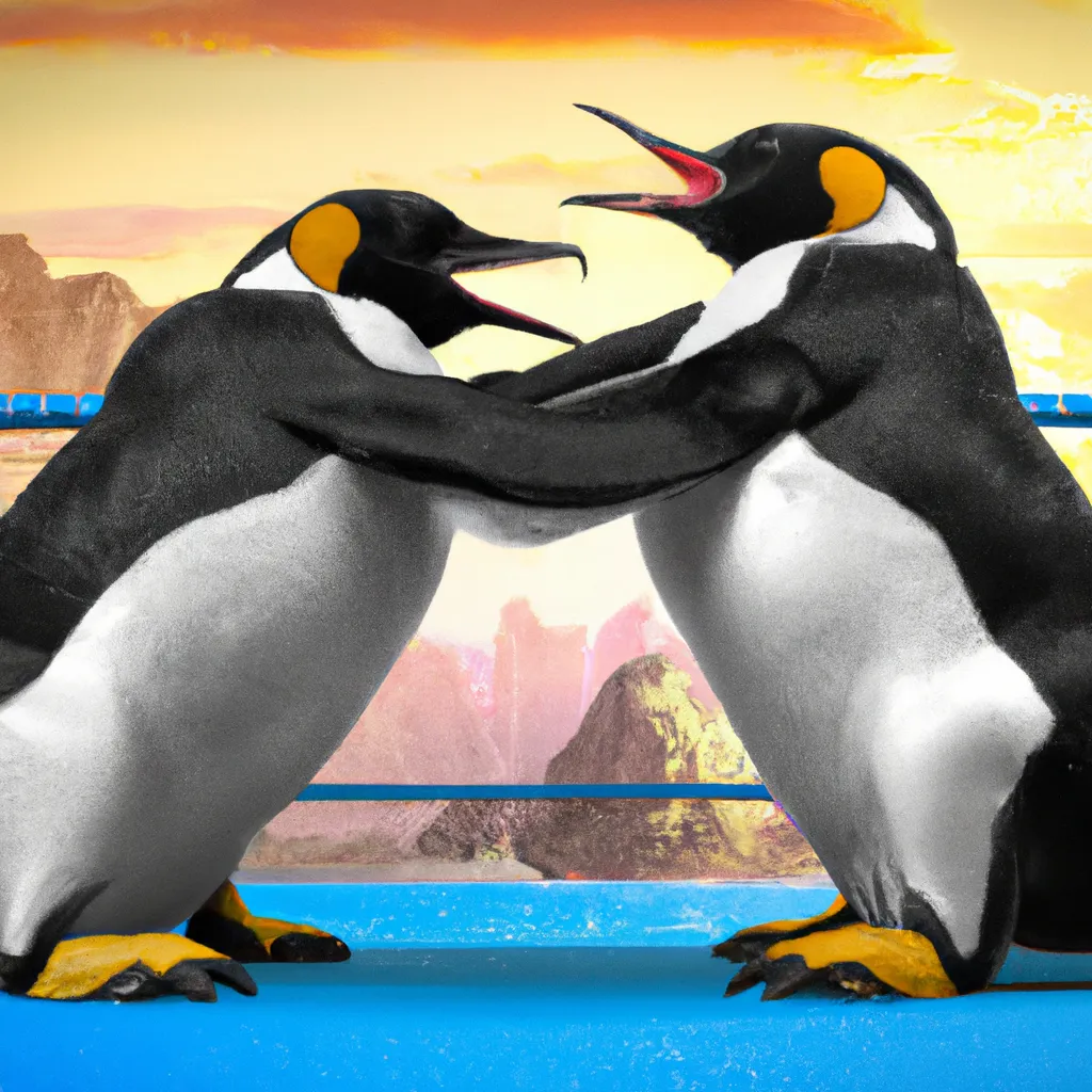 Prompt: realistic portrait of two penguins wrestling fighting in a WWE wrestling ring
 on WWE smackdown on TV. One penguin is performing an atomic drop on the other penguin