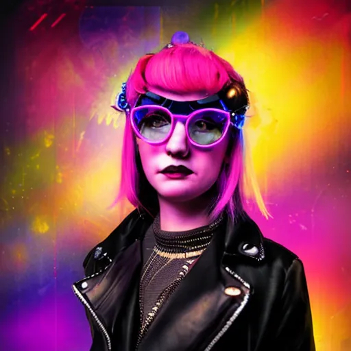 steampunk, girl with glasses and neon hair, synthwave | OpenArt