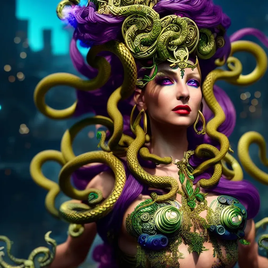 Prompt: greek medusa, solarpunk, maximalist highly detailed and intricate professional photography, a masterpiece, 8k resolution concept art, detailed matte painting, deep color, fantastical, intricate detail, splash screen, complementary colors, fantasy concept art, 8k resolution trending on Artstation Unreal Engine 5