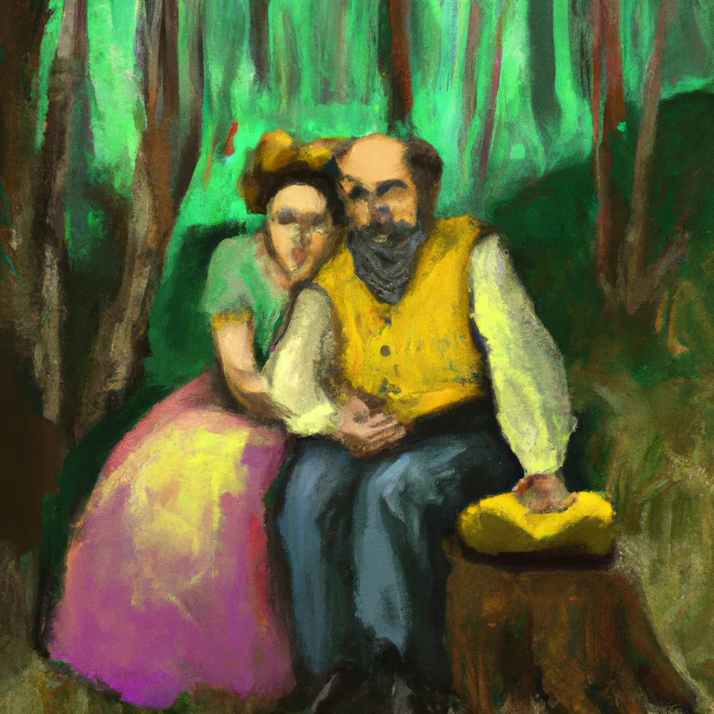 Prompt: An old married couple sitting on tree stumps in the forest, fauvism, Wiliam-August Bouguereau, Gustave Corbet, Bob Ross, Thrift store style