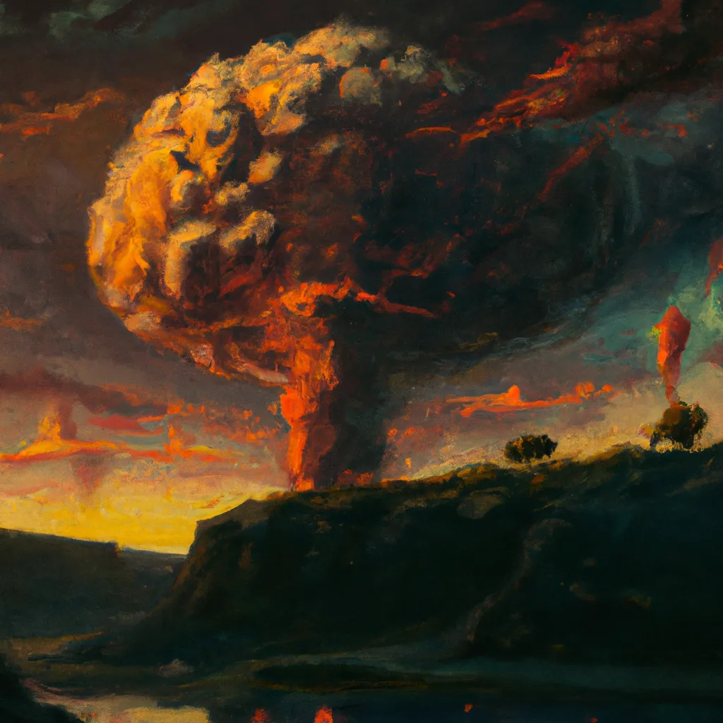 Prompt: An epic painting of a nuclear explosion mushroom cloud  in an Incandescently lit post apocalyptic landscape, ultra wide angle landscape painting, by Frederic Edwin Church and Nadav Kander