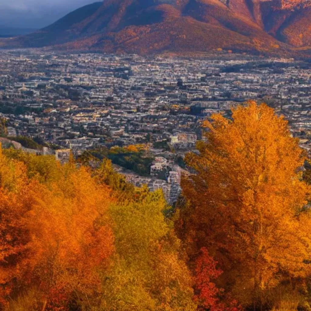 Prompt: mountains and cities covered in trees with autumn colors, soft light, at night with city and ocean in the distance