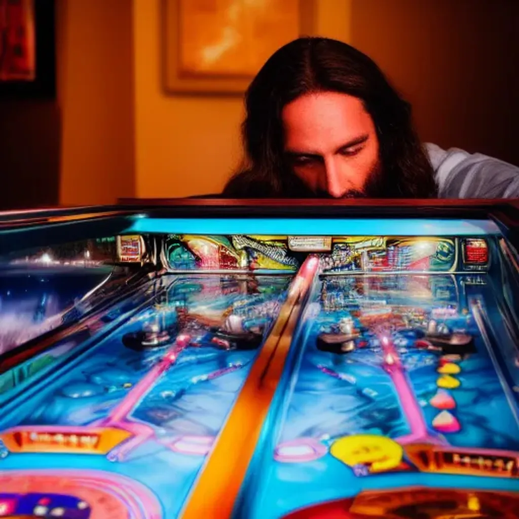 Prompt: a photography of jesus playing pinball 
