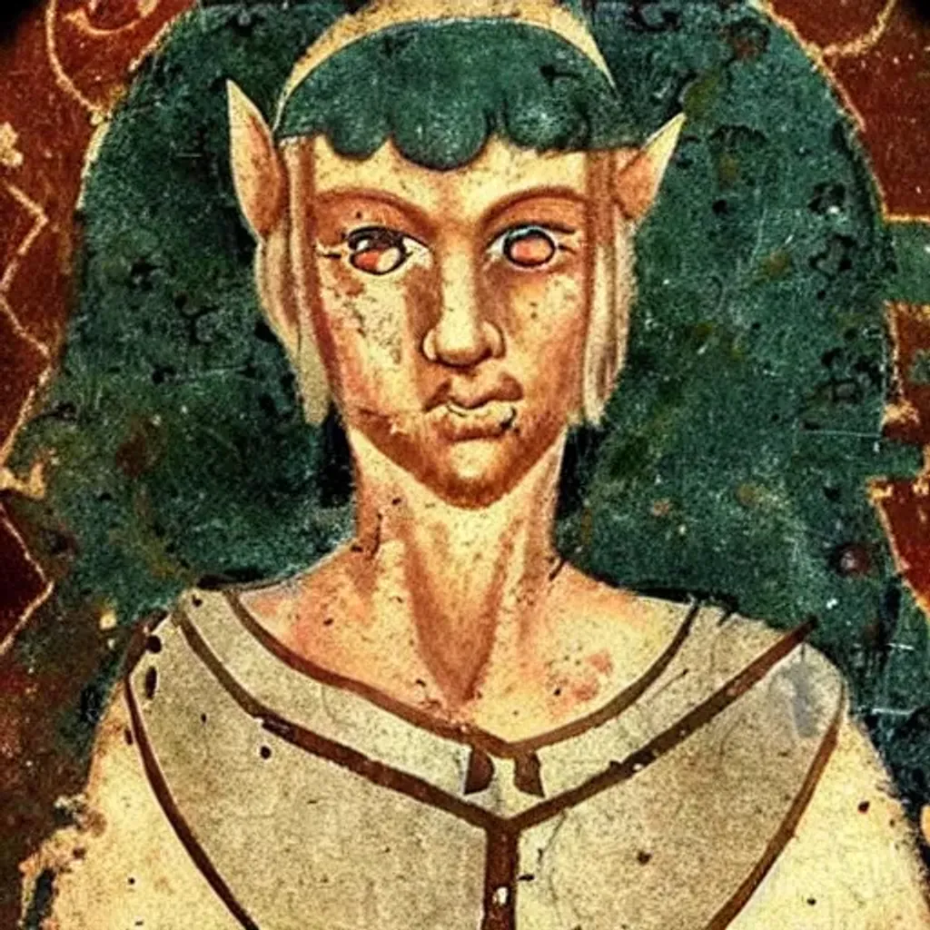 Prompt: ancient fresco, portrait of a fantasy elf man, white hair tied in a bun, emerald eyes, black plate armor.