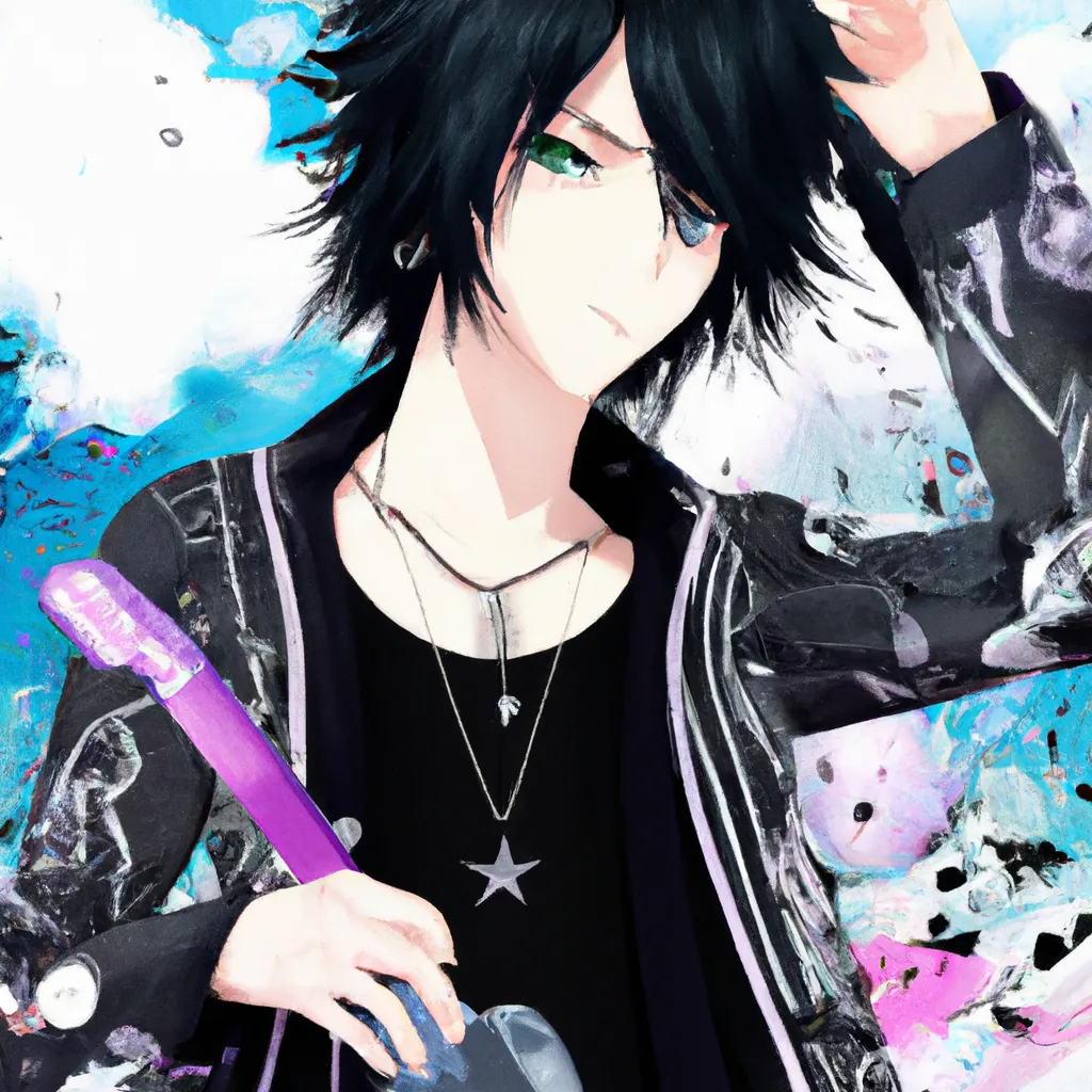 Prompt: anime rockstar boy, black hair and blue eyes, attractive, hot, popular rockstar, singer, guitar player, popular online, kyoto animation, animation, anime, animated, 2010s anime, key visual, main character, character design, character concept, Free! anime, saturated colors, high quality, 8k, A3!, B Project, Given anime, Otame games, manhua, manhwa, perfect composition, beautiful detailed intricate insanely detailed octane render trending on artstation, 8 k artistic photography, photorealistic concept art, soft natural volumetric cinematic perfect light, chiaroscuro, award - winning photograph, masterpiece, oil on canvas, raphael, caravaggio, greg rutkowski, beeple, beksinski, giger