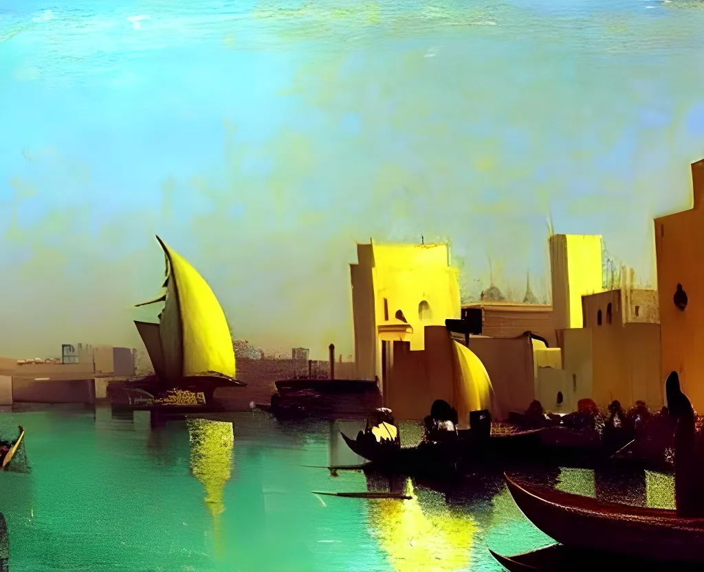 Prompt: beautiful painting of dubai creek arabian pepople crowded on small boats water ripples reflections gazing sunlight pale colour scheme edward hopper canaletto