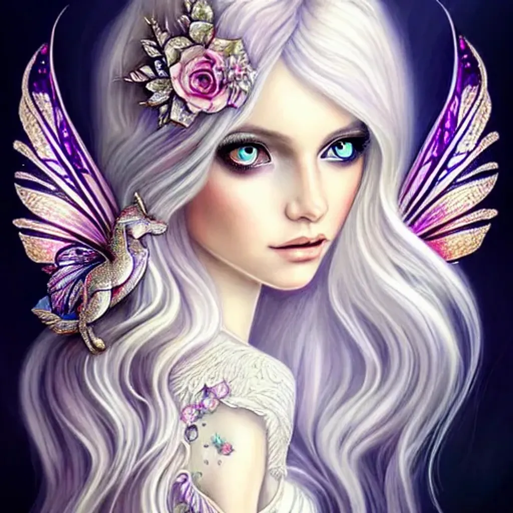 Prompt: Gorgeous intricate Fairy portrait with big eyes on a Majestic white horse, Stunning, Jasmine Becket Griffith, fantasy, , digital art, white horse, fairy, wings, rendered, artstation trending, Majestic white horse, intricate details
