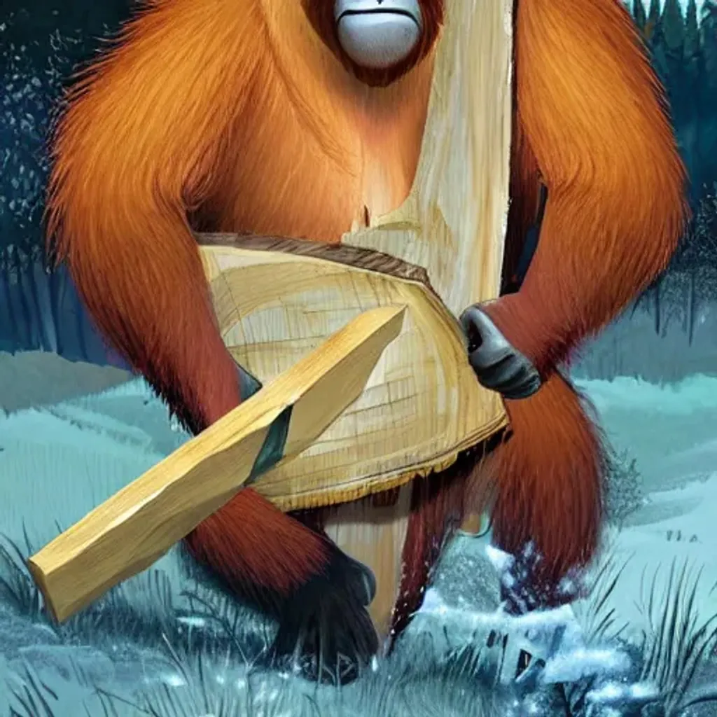 Prompt: big orangutan lumberjack with an axe cutting some trees anone in the woods, dawn
