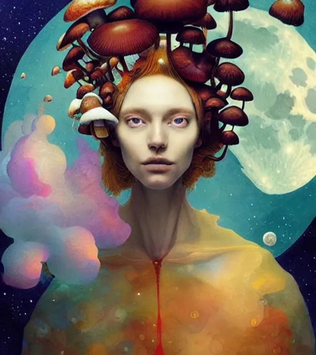 Prompt: Character by Ryan Hewett, Detailed eyes, digital painting, Beautiful woman with mushrooms growing out of her hair, hq, fungi, celestial, portrait, victo ngai, moon mushrooms, Jan van Eyck, galaxy, moon
