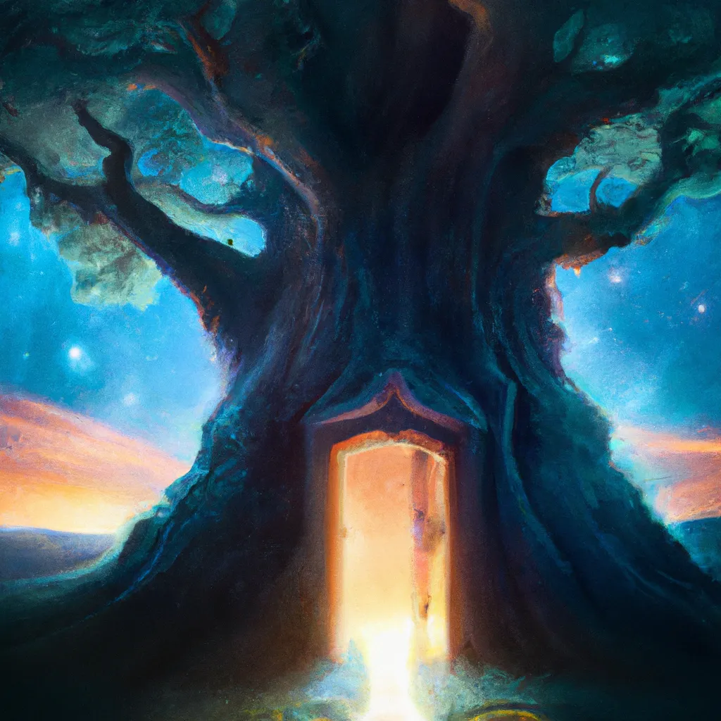 Prompt: an oak tree with a magical door, a luminescent path with fireflies leads to the door, majestic, giant, night-time, night sky with stars, digital art, art by Jessica Rossier, art by Stephan Martiniere, art by Caspar David Friedrich, Trending on ArtStation

