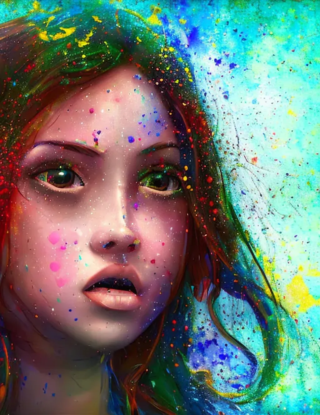 Prompt: paint splatter with drips, portrait of a very beautiful young girl, very attractive, very cute nose perfect lips intricate girlish charm, long wavy hair, highly detailed, digital painting, sharp focus, dof, ultra reallistic, extremely detailed, intricate, artgerm, cinematic lighting  award winning, fantastic view, 4K 3D, colourful