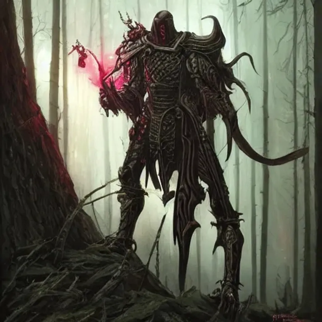 Prompt: Evil Knight with red eyes looking down ominously at you in a dark forest, eerie, cosmic horror, intricate, digital painting, concept art, by peter elson, by artgerm, smooth, sharp focus, muted colors, reflections, matte, extreme details, trending on artstation, hyper-realistic, unreal engine 5, 16k