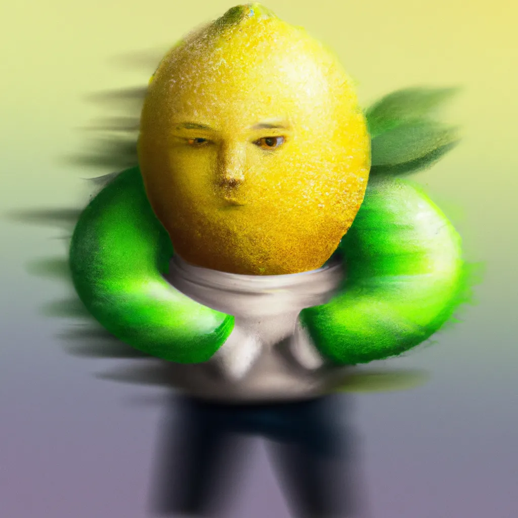 Prompt: A lemon with a determined face and strong muscles. Jacket. Blurry background. super sonic speed traveling. Digital art.