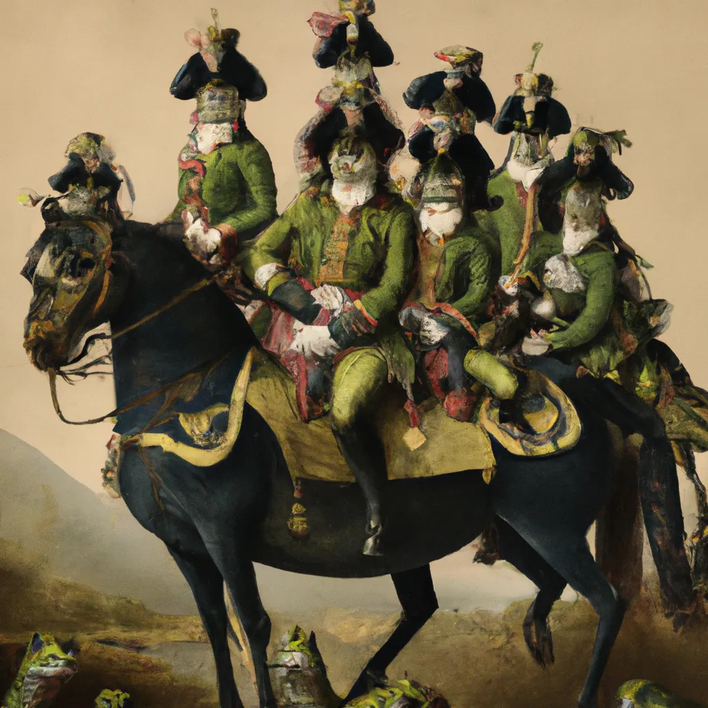 Prompt: 1800s portrait of a group of frogs dressed as napoleonic soldiers holding rifles and riding horses