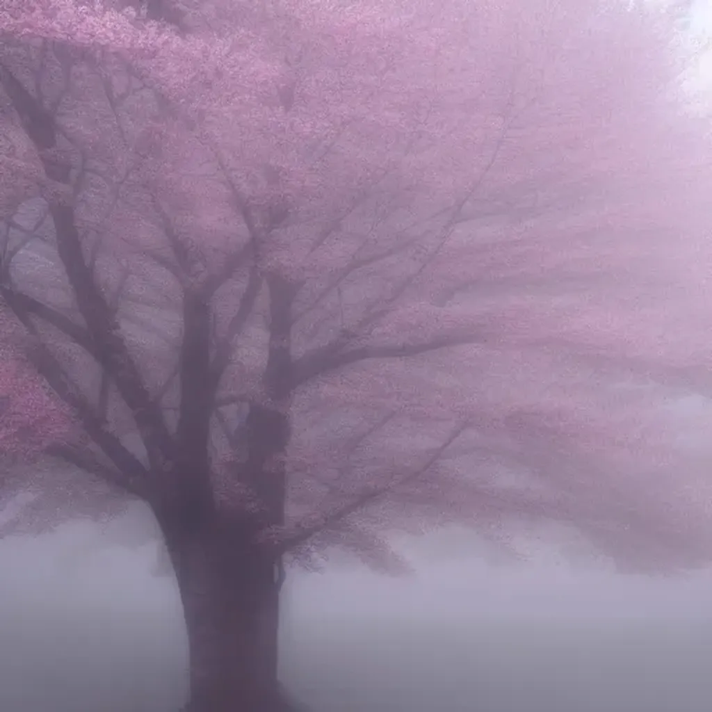 Prompt: low poly cherry blossom tree in the fog, in the morning, soft colors