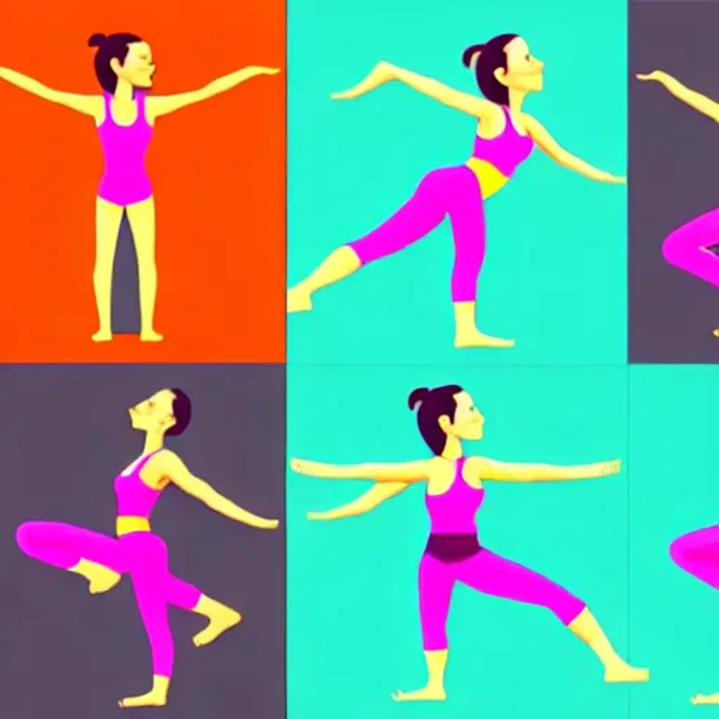 Prompt: Yoga Girl character, Four frame cycle, game art, character, yoga, cute, stretching human, animation cycle, animation cel, concept, yoga , seperate body parts,  yoga girl