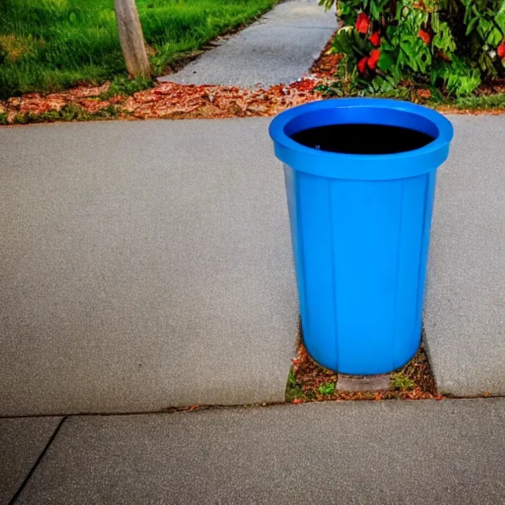 Prompt: Color splash, wide photo of a blue garbage can by the driveway in a suburban neighborhood, detailed, soft lighting 