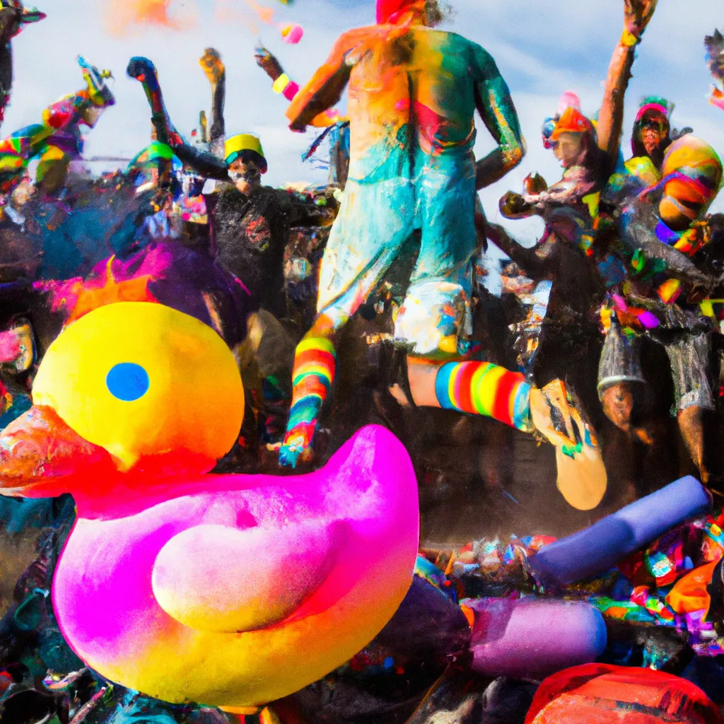 Prompt: color bomb duck dancing jumping over hippies
 