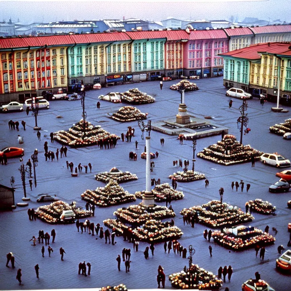 Prompt: Professional photograph of a crowded town square in the 1990s, Sovietwave, trending on artstation, High resolution scan