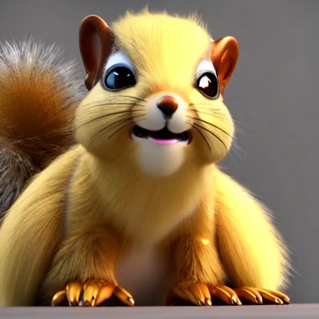 Prompt: 3d fluffy {shiny metallic golden squirrel }, cute and adorable, cute big circular reflective eyes, long fuzzy fur, Pixar render, unreal engine cinematic smooth, intricate detail, cinematic