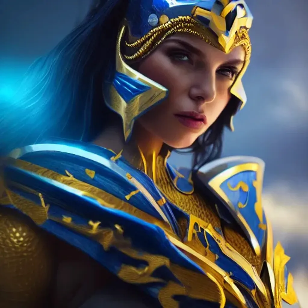 Prompt: a beautiful super heroine wearing blue and gold tiara and armor shaped like waves, in fighting position, portrait, cinematic lighting, hyper detailed, 4K, trending on Artstation.