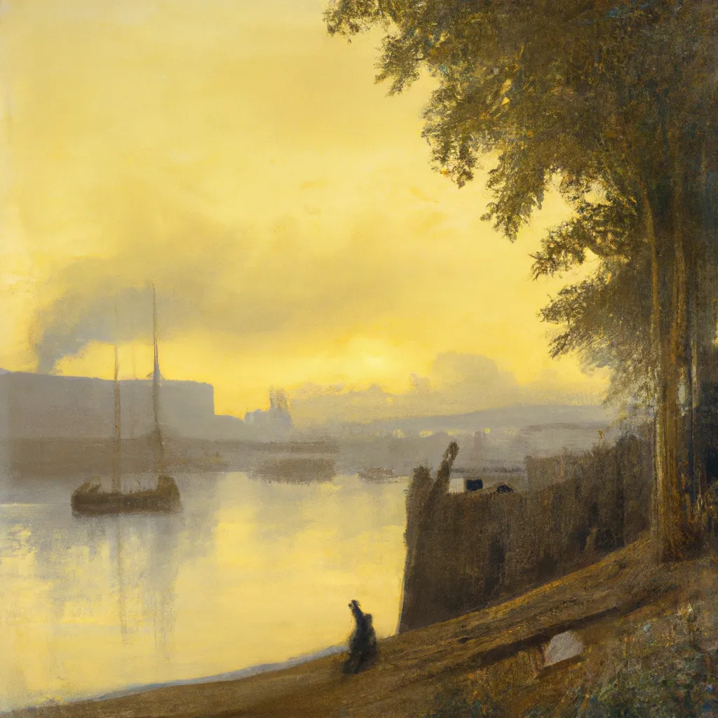 Prompt: A Beautiful Morning By the River Thames, 1880, London, Yamatoe-style