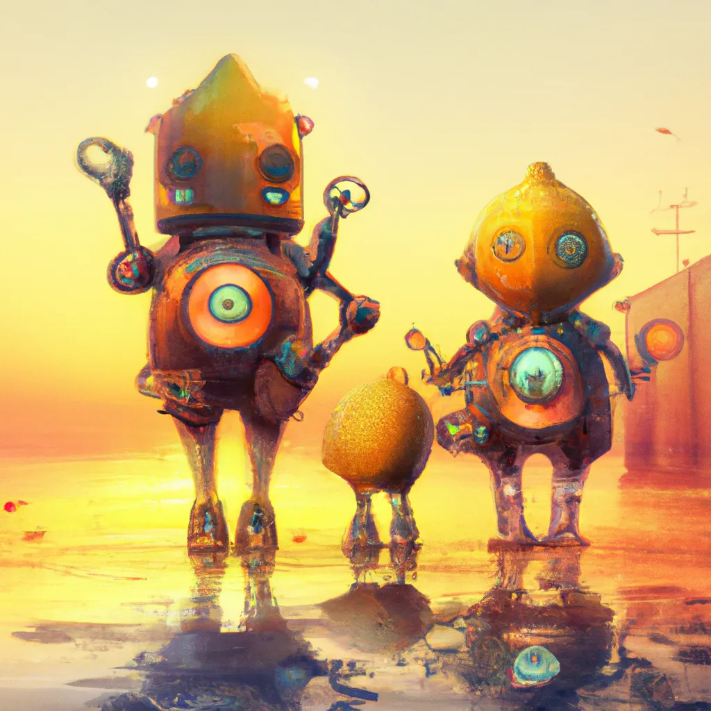 Prompt: the cute lemon family character big robots, underwater steampunk, underwater city steampunk style, artstation, golden hours, reference pose, HQ, 4K, Lisa Frank