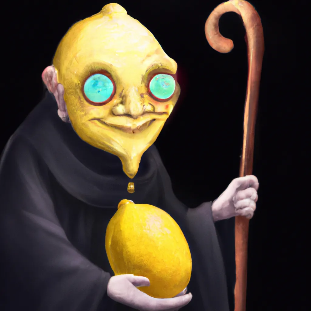 Prompt: an ultra detailed digital art of a yellow lemon character wearing a black robe and holding a magical cane + accurate facial features