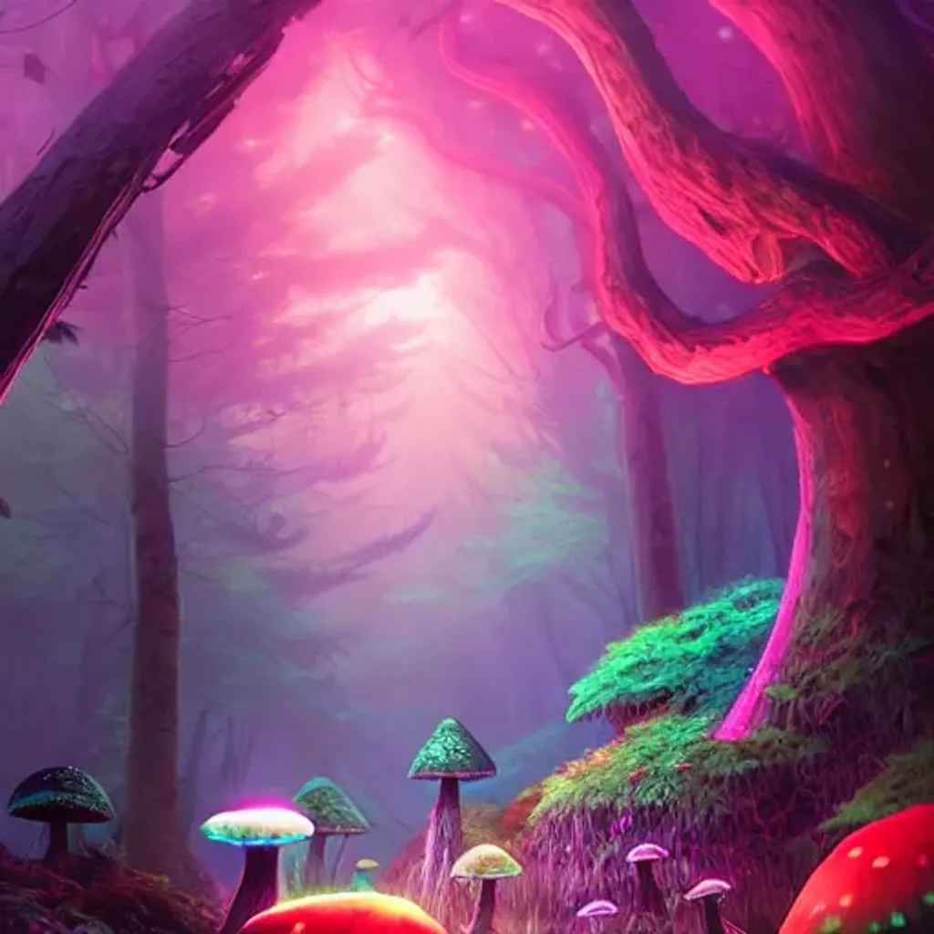 Prompt: bioluminescent fantasy mushroom forest at night, highly detailed, magic fantasy, digital art, vibrant colors, keyframe illustration, trending on artstation, andreas rocha, sylvain sarrailh, darek zabrocki, finnian macmanus, dylan cole, liang mark, albert bierstadt, sung choi, peter mohrbacher, greg rutkowski