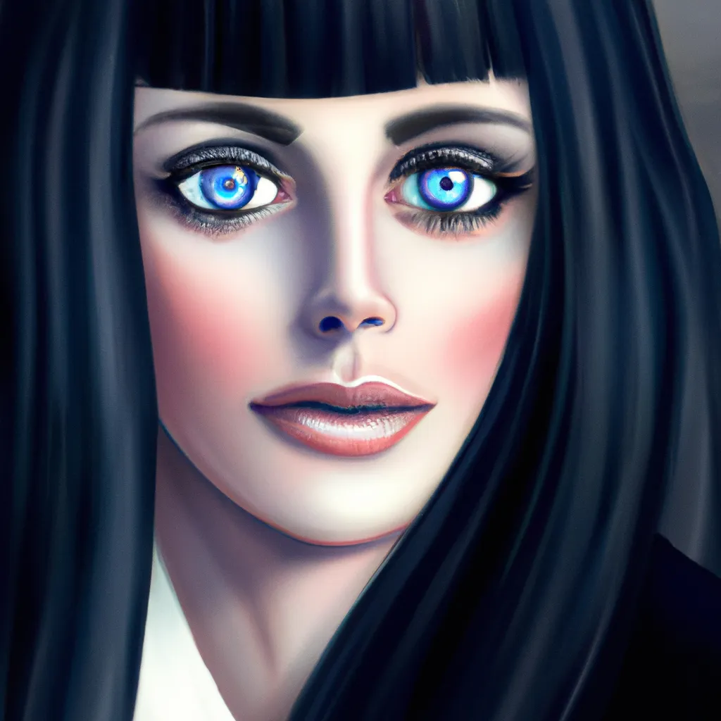 Prompt: Digital portrait of a beautiful woman with big blue eyes and bags under her eyes, black long hair and pale skin, digital art, 3D digital oil painting