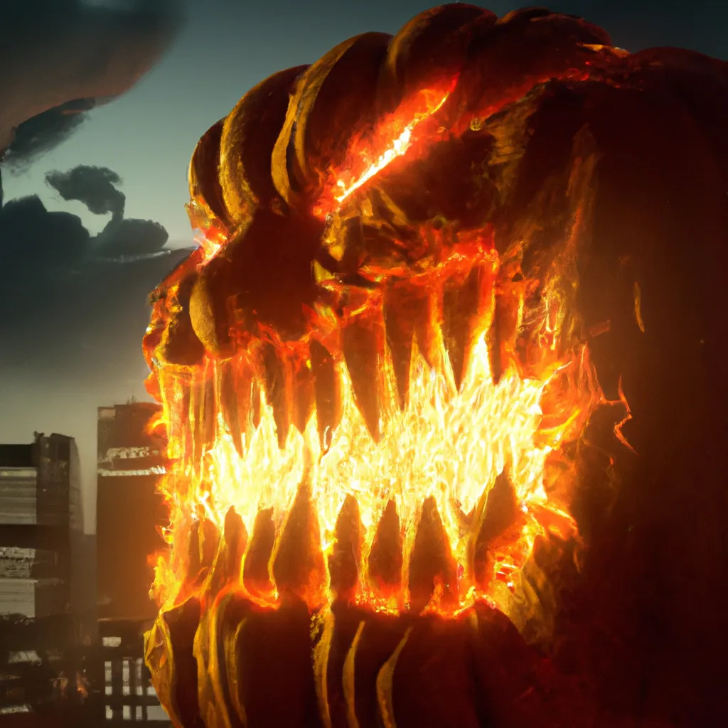 Prompt: hyper realistic, giant scary carved pumpkin monster breathing fire onto city night buildings, lightning, movie poster, cinematic,