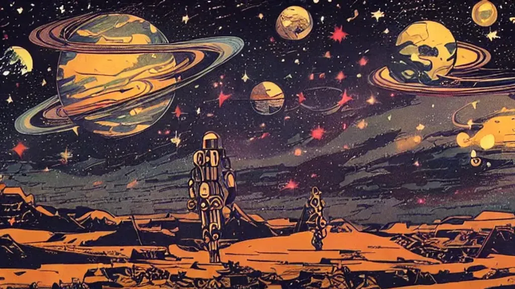 Prompt: a majestic alchemist night sky with planets a nd galaxies, two point perspective, high details, bold line art, by vincent di fate and joe fenton, inking, etching, screen print, masterpiece, trending on artstation, sharp, high contrast, hyper - detailed,, hd, 4 k, 8 k
