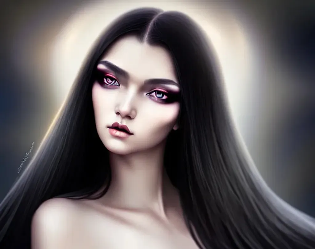 Prompt: Portrait of an ethereal gothic eurasian woman, smooth soft skin, big dreamy black eyes with double eyelids, beautiful intricate straight hair in a western hairstyle, soft lighting, detailed face, minimal digital painting