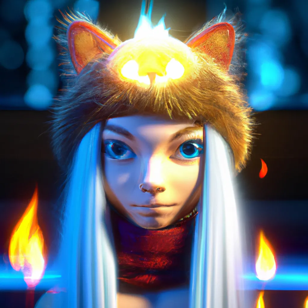 Prompt: A cool Anime character, half cat half minotaur with blue eyes wearing a beanie, wrapped around with fire at a concert stage, a character portrait by Andrei Kolkoutine, Artstation, sots art, 3d game art, quantum wavetracing, dark and mysterious