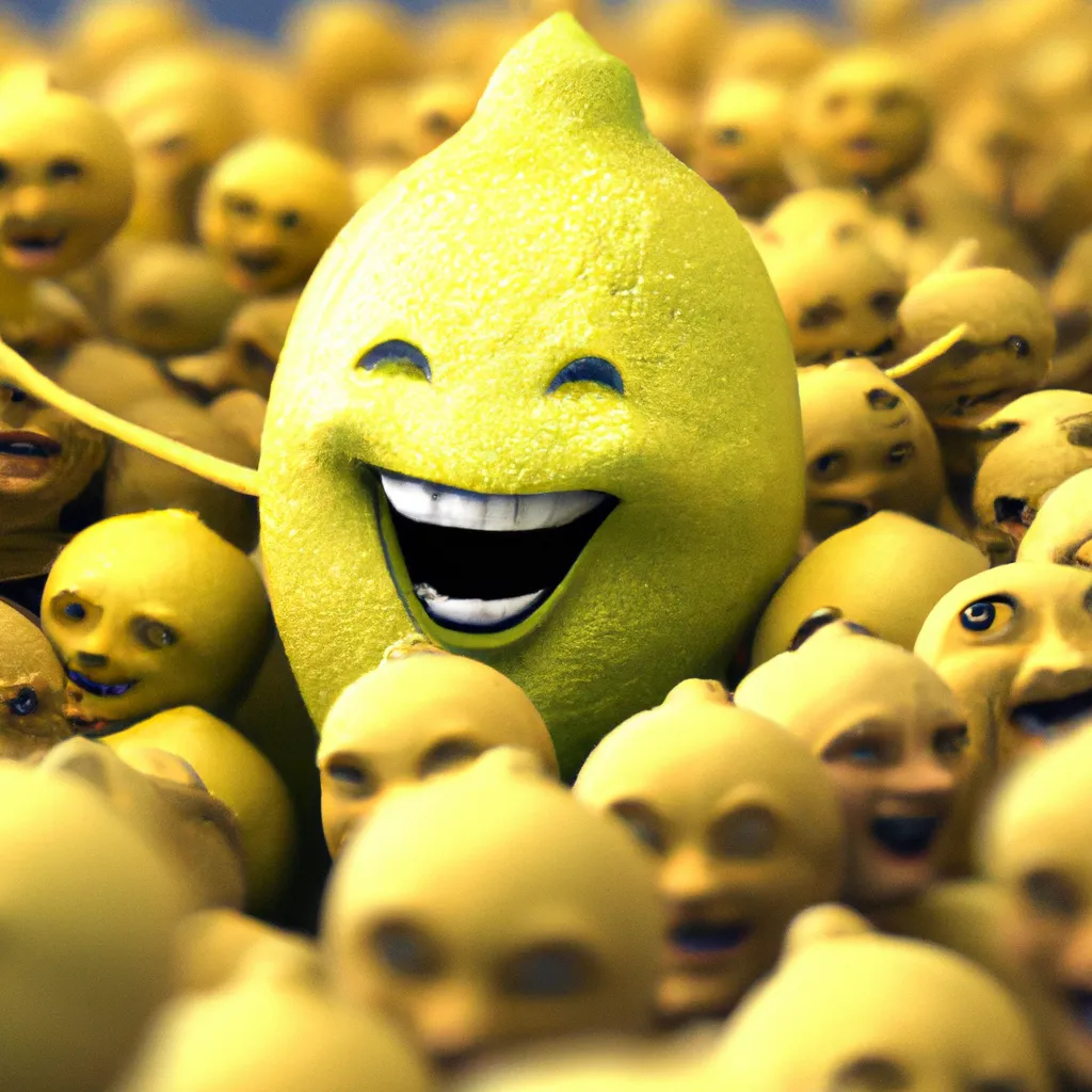 Prompt: 3-D, Photo-Realistic, Laughing Giant Lemon surround by huge crowd of, joyus, cheering, dancing, lemon admirers
