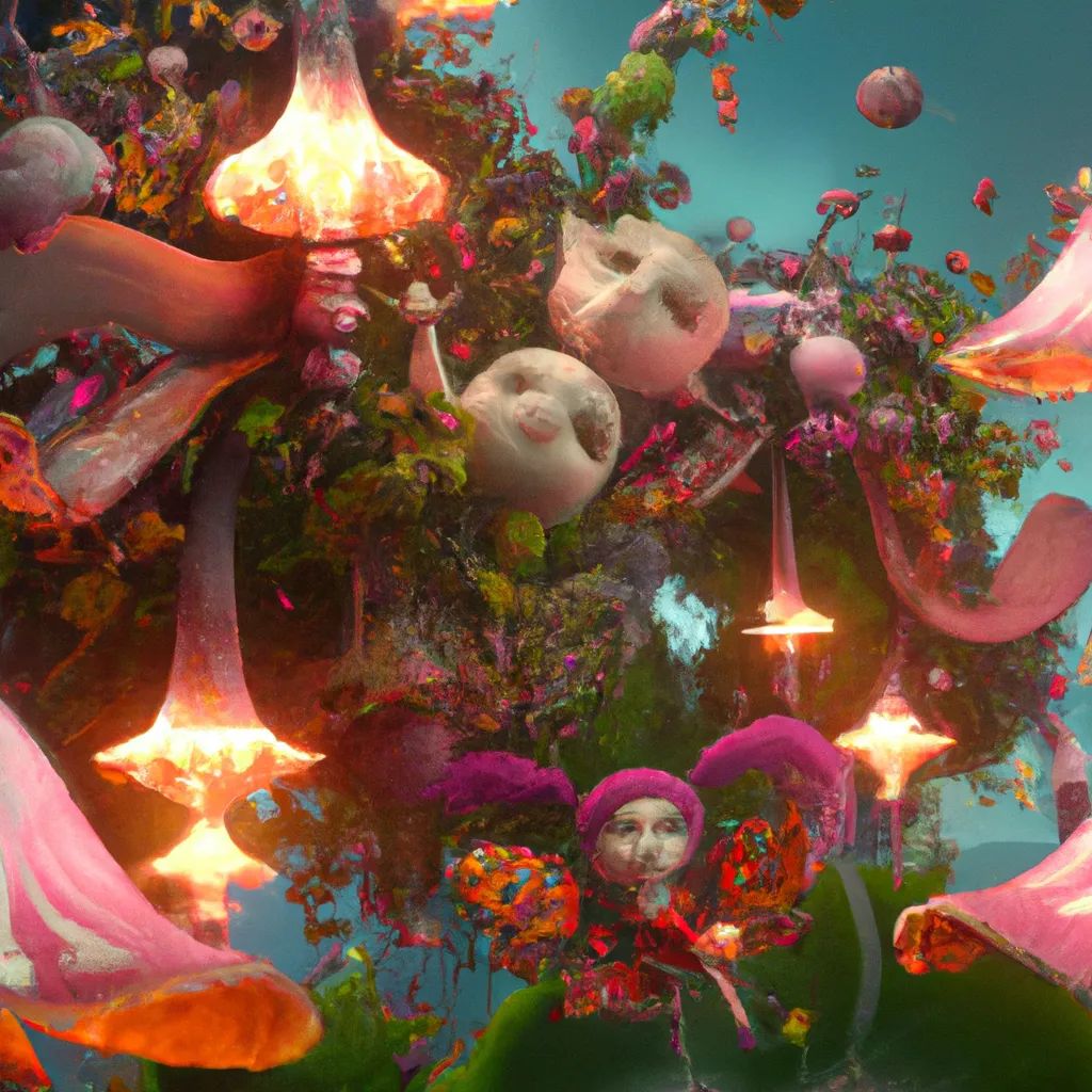 Prompt: Garden of Earthly Delights | Curvaceous Light bending cute angels covered in halogenic decadent flowers in the style of Bruce Pennington, Dali, Munch, Escher, Klarwein, Yamamoto, Hattori, Leyendecker, Mullins | dark background | ultra sharp focus | 3d octane render artstation trending 8k unreal engine | Avatar movie| Disney Pixar Dreamworks 