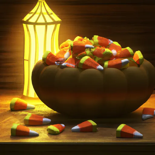 Prompt: Bowl made out of pumpkin filled with candy corn and chocolate bars on wooden table lit by warm light of lantern, beautiful digital art