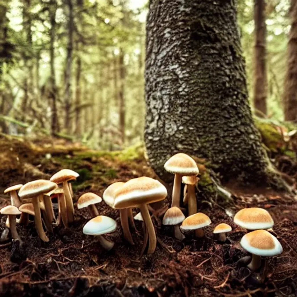 Prompt: Photo of mushrooms in the forest, natural light, soft color, perfect portrait, perfect composition, 3d rendering, 8k, high detail