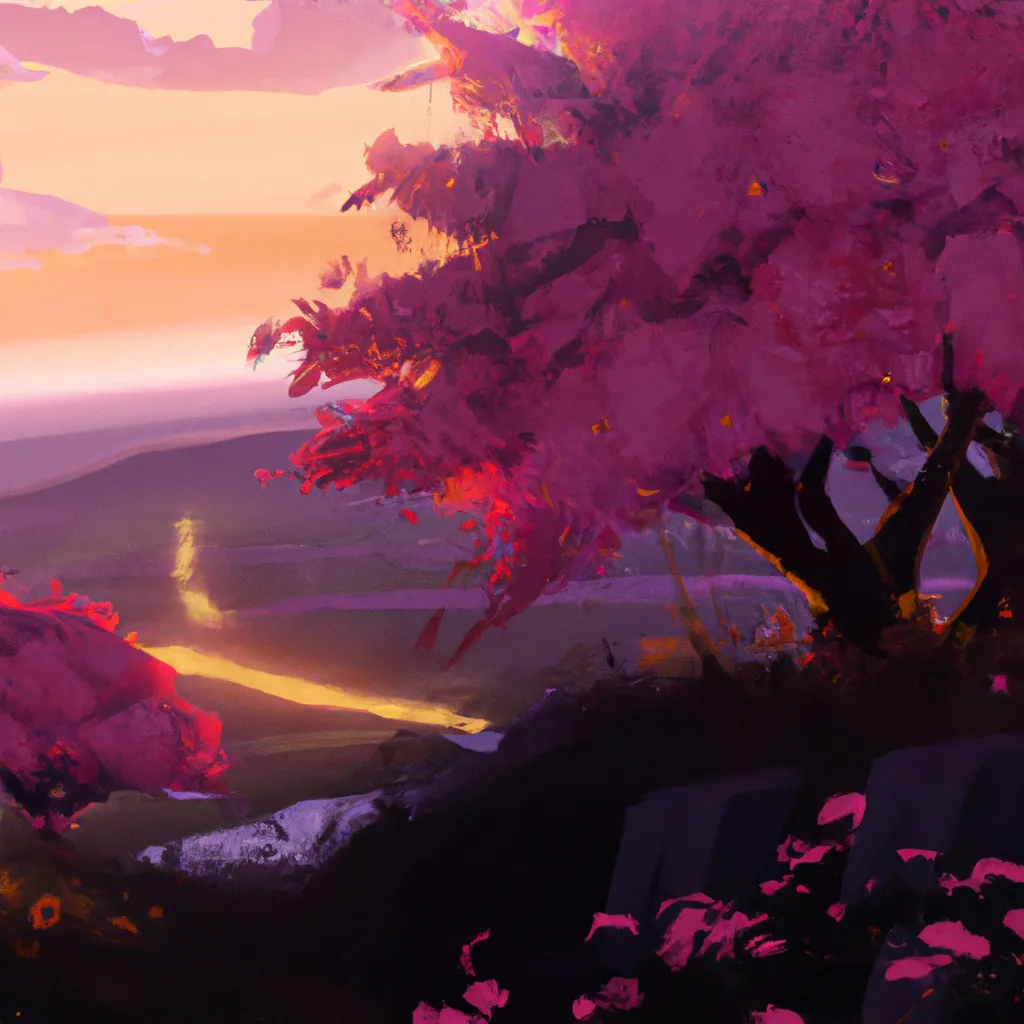 Prompt: a beautiful landscape filled with cherry blossom trees during the sunset, by Akihito Yoshida, Illustration, 8K, Cinematic Lighting